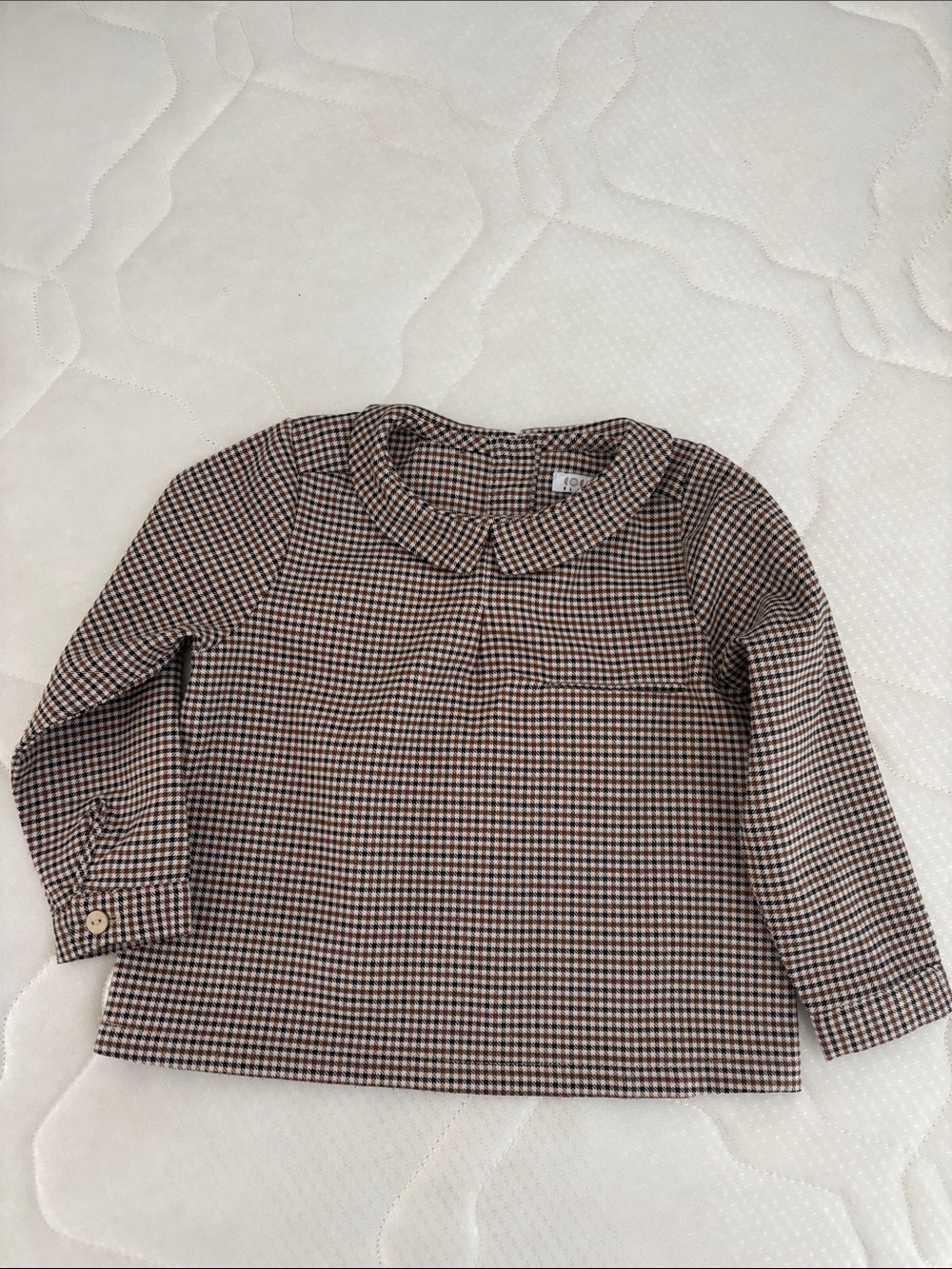 Coco Blanc Toddler Long-Sleeve Peter Pan Collar Top in Brown Check